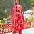 Women red viscose floral printed straight kurta trousers with dupatta
