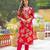 Women red viscose floral printed straight kurta trousers with dupatta