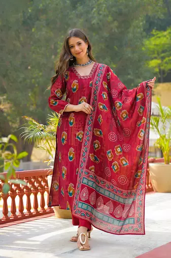 Women maroon viscose embroidered straight kurta trousers with dupatta