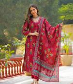 Women maroon viscose embroidered straight kurta trousers with dupatta
