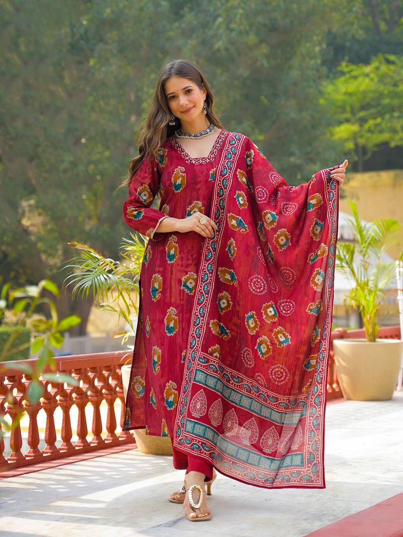 Women maroon viscose embroidered straight kurta trousers with dupatta