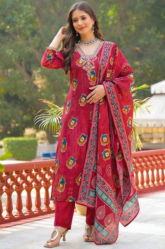 Women maroon viscose embroidered straight kurta trousers with dupatta