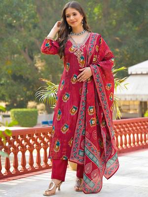 Women maroon viscose embroidered straight kurta trousers with dupatta 1