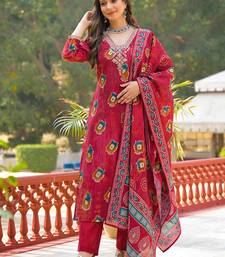 Women maroon viscose embroidered straight kurta trousers with dupatta