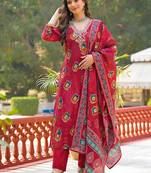Women maroon viscose embroidered straight kurta trousers with dupatta