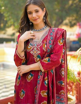 Women maroon viscose embroidered straight kurta trousers with dupatta 1