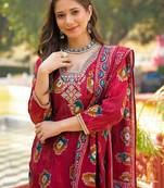 Women maroon viscose embroidered straight kurta trousers with dupatta