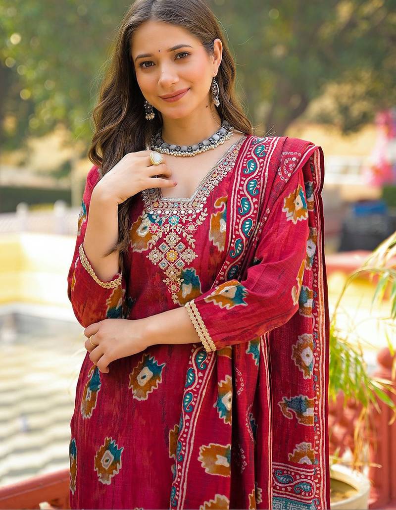 Women maroon viscose embroidered straight kurta trousers with dupatta