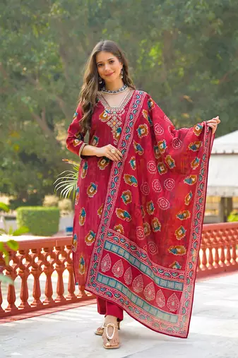 Women maroon viscose embroidered straight kurta trousers with dupatta