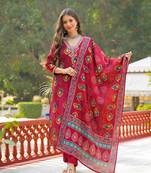 Women maroon viscose embroidered straight kurta trousers with dupatta