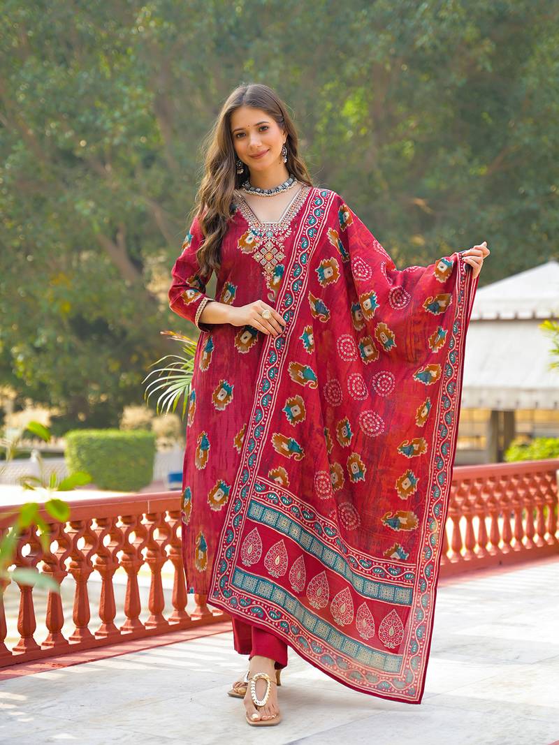 Women maroon viscose embroidered straight kurta trousers with dupatta