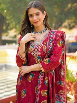 Women maroon viscose embroidered straight kurta trousers with dupatta 2