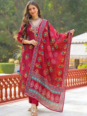 Women maroon viscose embroidered straight kurta trousers with dupatta 2
