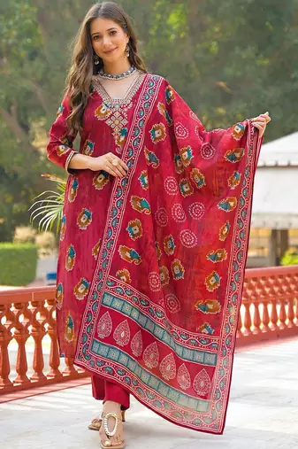 Women maroon viscose embroidered straight kurta trousers with dupatta