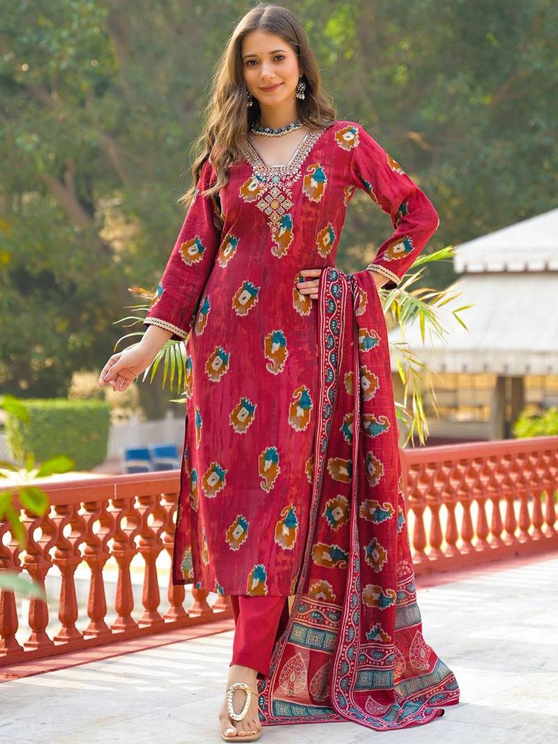 Women maroon viscose embroidered straight kurta trousers with dupatta