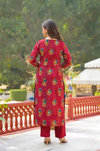 Women maroon viscose embroidered straight kurta trousers with dupatta