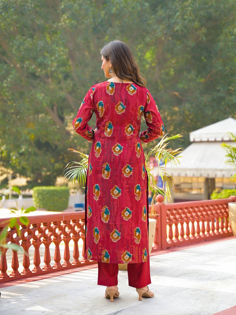 Women maroon viscose embroidered straight kurta trousers with dupatta