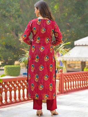 Women maroon viscose embroidered straight kurta trousers with dupatta 4