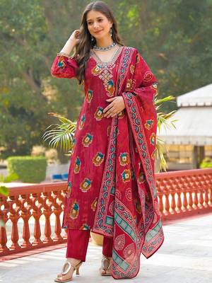 Women maroon viscose embroidered straight kurta trousers with dupatta 5