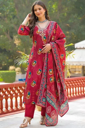 Women maroon viscose embroidered straight kurta trousers with dupatta