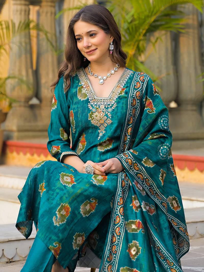 Women teal viscose embroidered straight kurta trousers with dupatta