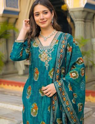 Women teal viscose embroidered straight kurta trousers with dupatta 1