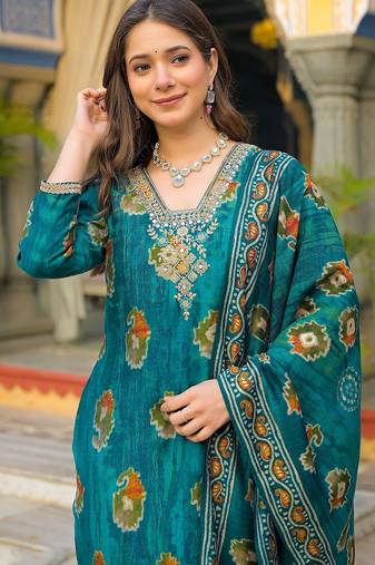 Women teal viscose embroidered straight kurta trousers with dupatta