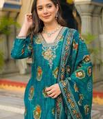 Women teal viscose embroidered straight kurta trousers with dupatta