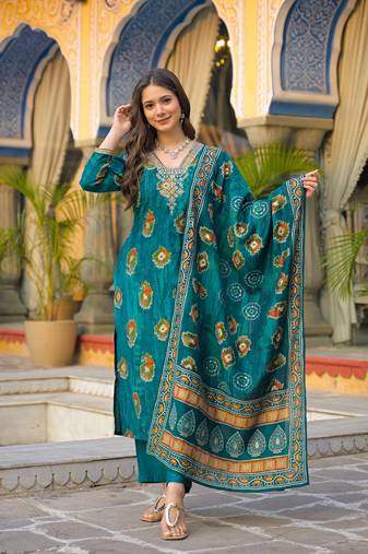Women teal viscose embroidered straight kurta trousers with dupatta