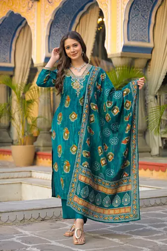 Women teal viscose embroidered straight kurta trousers with dupatta