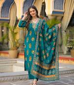Women teal viscose embroidered straight kurta trousers with dupatta