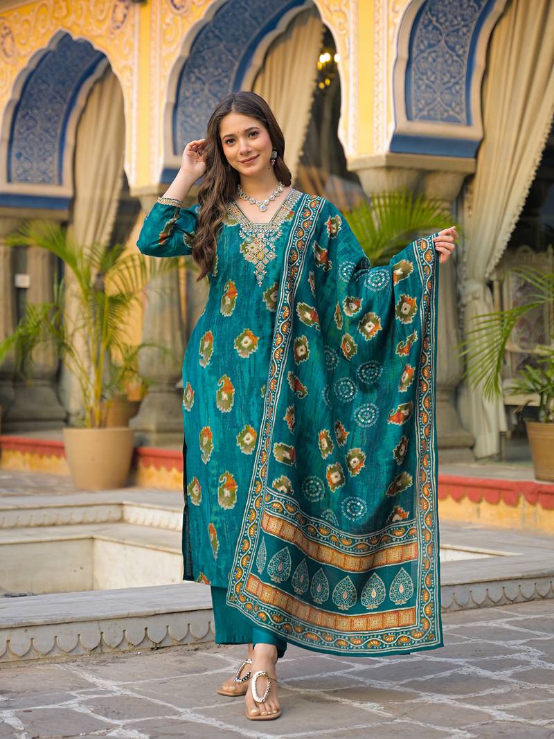 Women teal viscose embroidered straight kurta trousers with dupatta