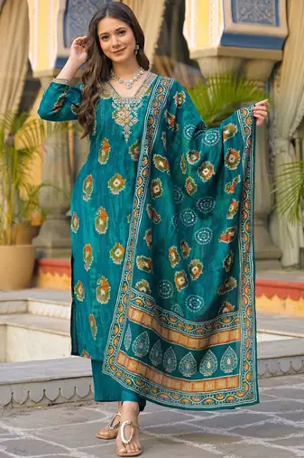 Women teal viscose embroidered straight kurta trousers with dupatta