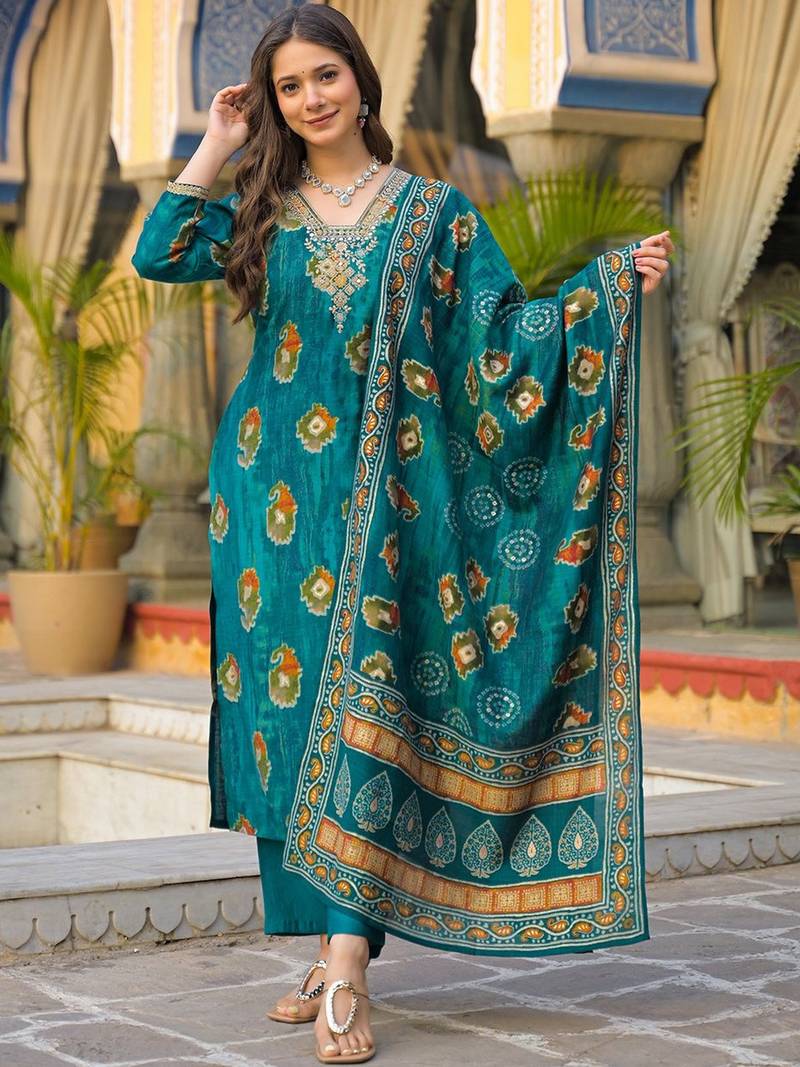 Women teal viscose embroidered straight kurta trousers with dupatta