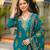 Women teal viscose embroidered straight kurta trousers with dupatta
