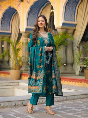 Women teal viscose embroidered straight kurta trousers with dupatta 3