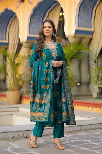Women teal viscose embroidered straight kurta trousers with dupatta