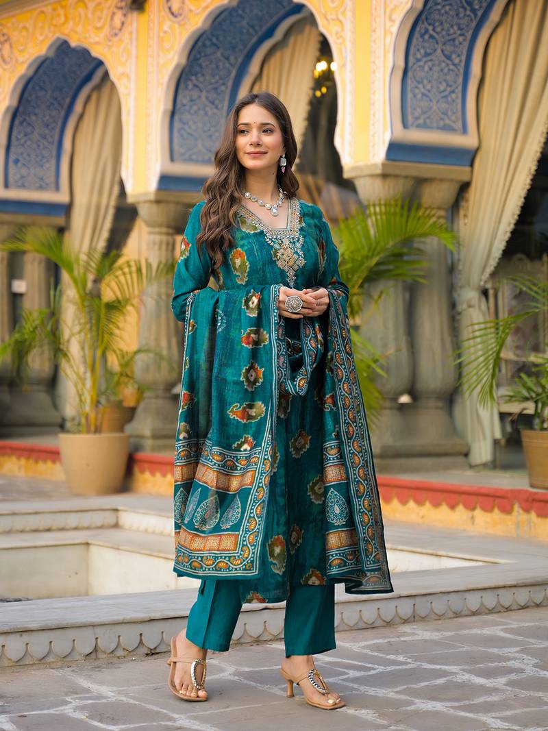 Women teal viscose embroidered straight kurta trousers with dupatta