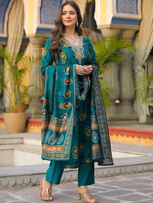 Women teal viscose embroidered straight kurta trousers with dupatta 3