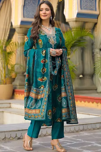 Women teal viscose embroidered straight kurta trousers with dupatta
