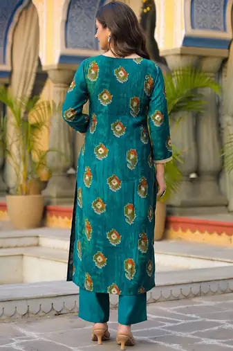 Women teal viscose embroidered straight kurta trousers with dupatta