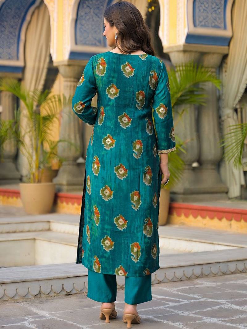Women teal viscose embroidered straight kurta trousers with dupatta