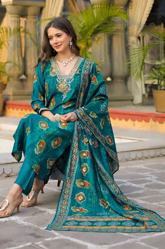 Women teal viscose embroidered straight kurta trousers with dupatta