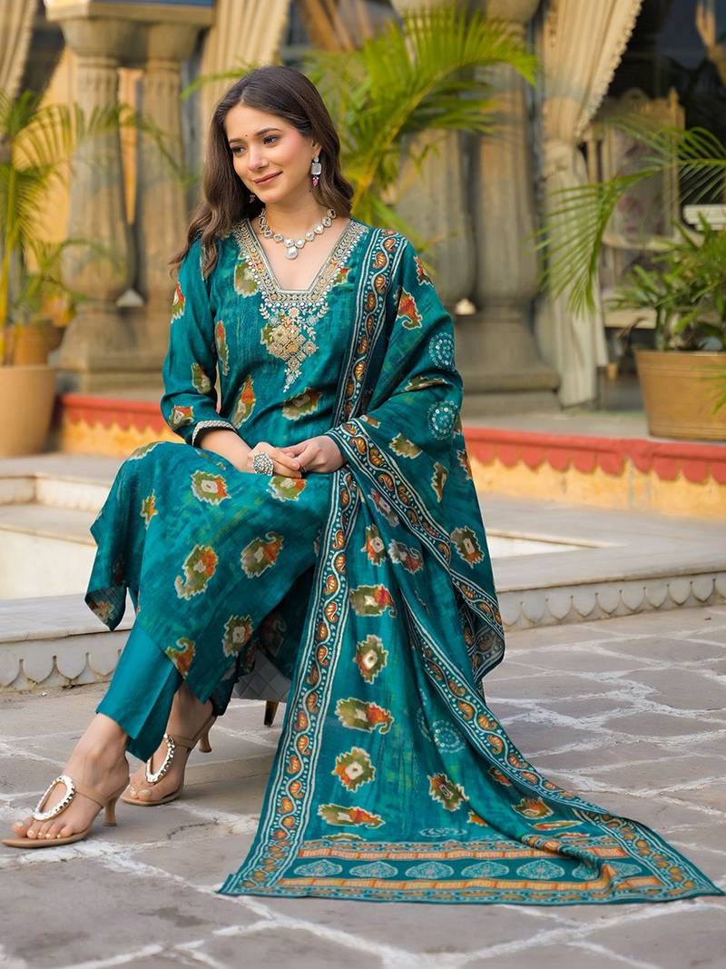 Women teal viscose embroidered straight kurta trousers with dupatta