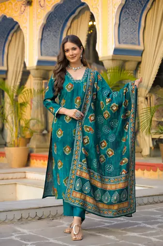 Women teal viscose embroidered straight kurta trousers with dupatta