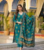 Women teal viscose embroidered straight kurta trousers with dupatta
