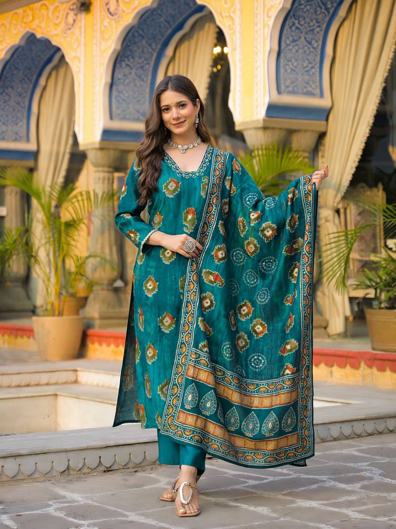 Women teal viscose embroidered straight kurta trousers with dupatta
