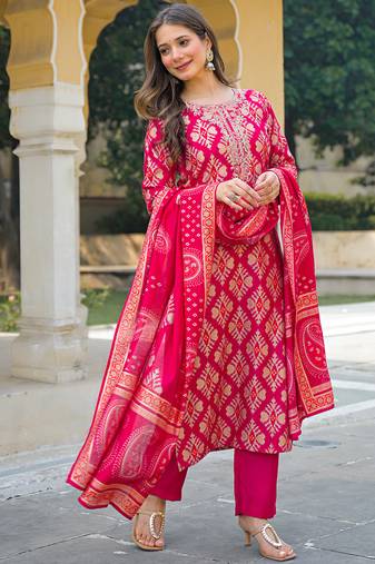 Women pink viscose ikat embroidered straight kurta trousers with dupatta