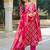 Women pink viscose ikat embroidered straight kurta trousers with dupatta