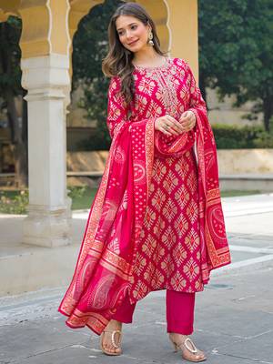 Women pink viscose ikat embroidered straight kurta trousers with dupatta 1
